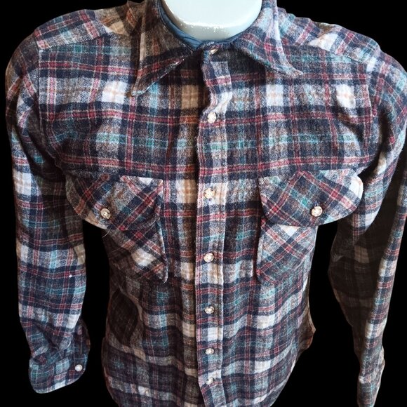 Small Vintage Plaid WoolFlannel Shirt Quilted Collar Lining 1970's Lumberjack - Picture 1 of 6